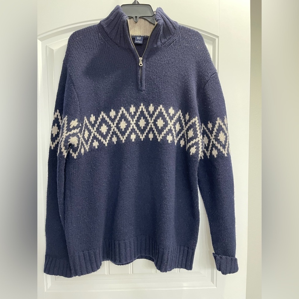 Gap 100% Lamb’s Wool Blue Faire Isle Sweater Sz L 1/4 zip